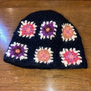 Handcrafted Floral Knit Hat - Black and Multicolor